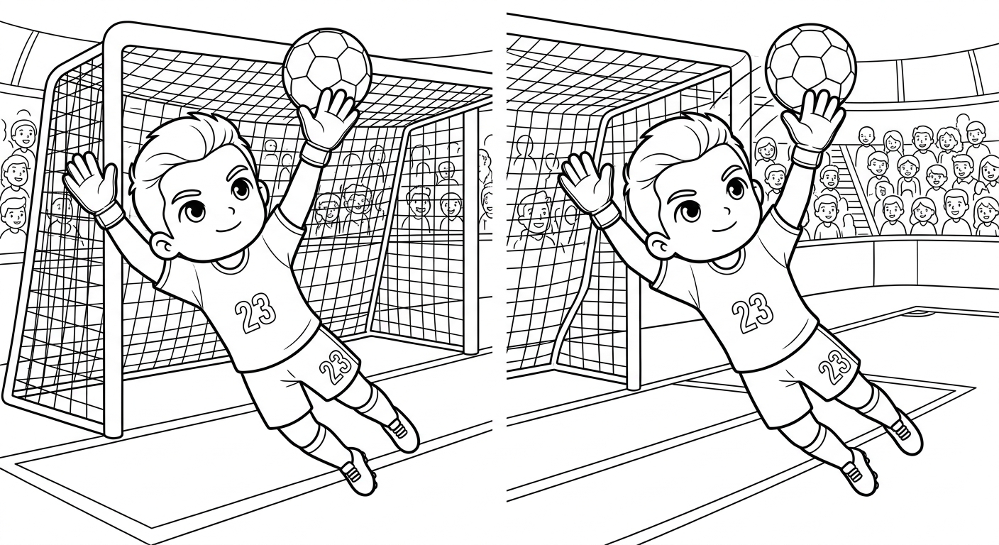 Desenho para colorir do goleiro Ederson saltando ao canto superior contra pênalti, com torcida ao fundo para pintar