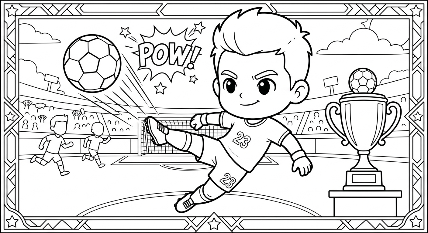 Desenho para colorir do goleiro Ederson batendo tiro de meta em card com troféu da Copa para imprimir