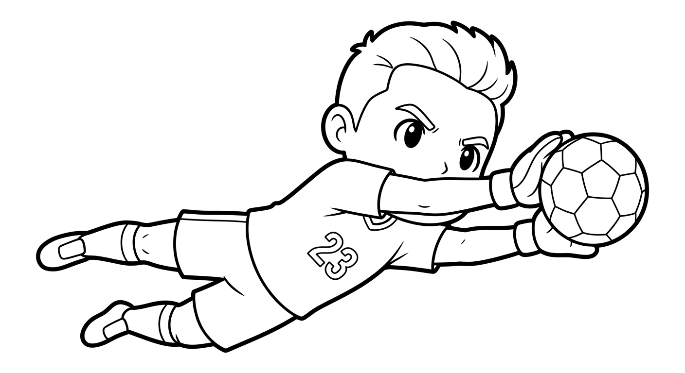 Desenho para colorir do goleiro Ederson defendendo de mergulho em pose heroica para pintar