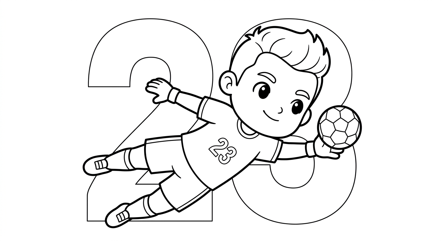 Desenho para colorir do goleiro Ederson mergulhando na defesa, com bola, estrelas e número ao fundo para imprimir