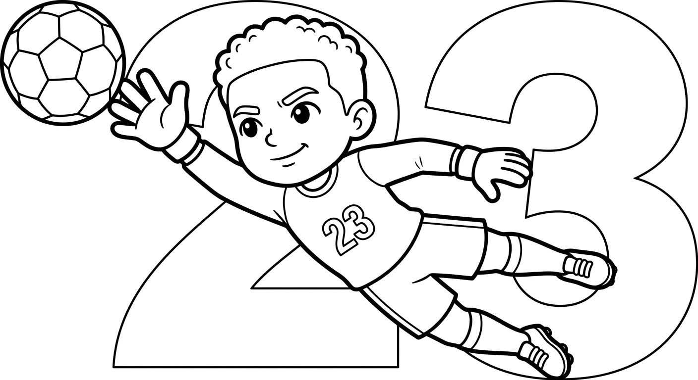 Desenho para colorir do goleiro Ederson saltando para o canto superior, com número grande, para pintar