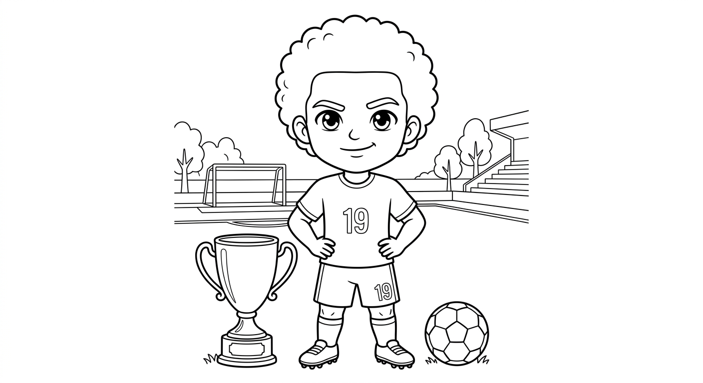 Desenho para colorir do atacante Endrick posando em apresentação oficial ao lado do troféu da Copa para pintar