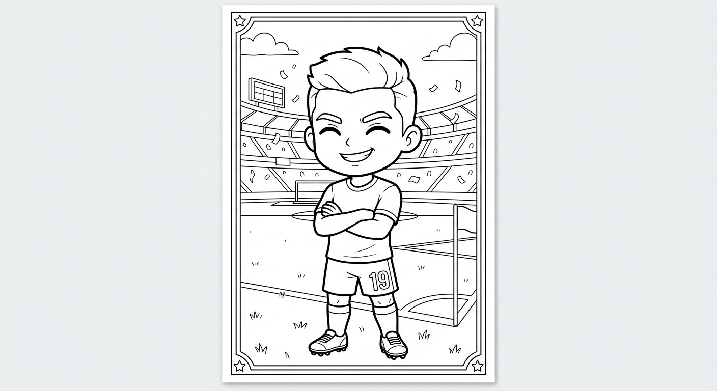 Desenho para colorir do atacante Endrick de braços cruzados no gramado do estádio, estilo card colecionável para imprimir