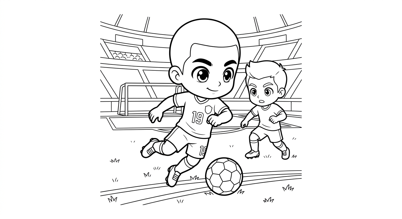 Desenho para colorir do atacante Endrick driblando com finta em salto no gramado do estádio para pintar