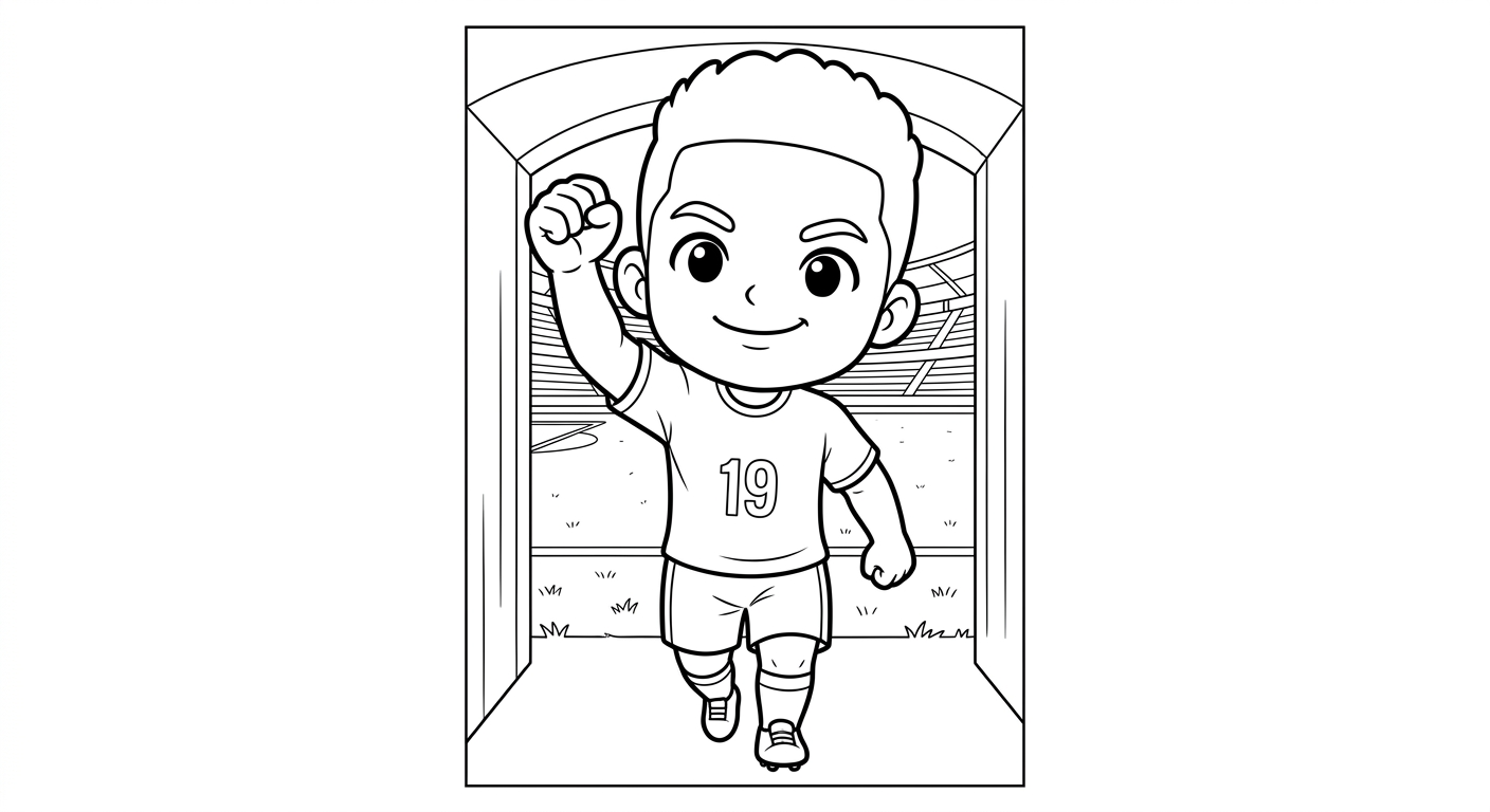 Desenho para colorir do atacante Endrick com soco no ar, visto de baixo no túnel para pintar