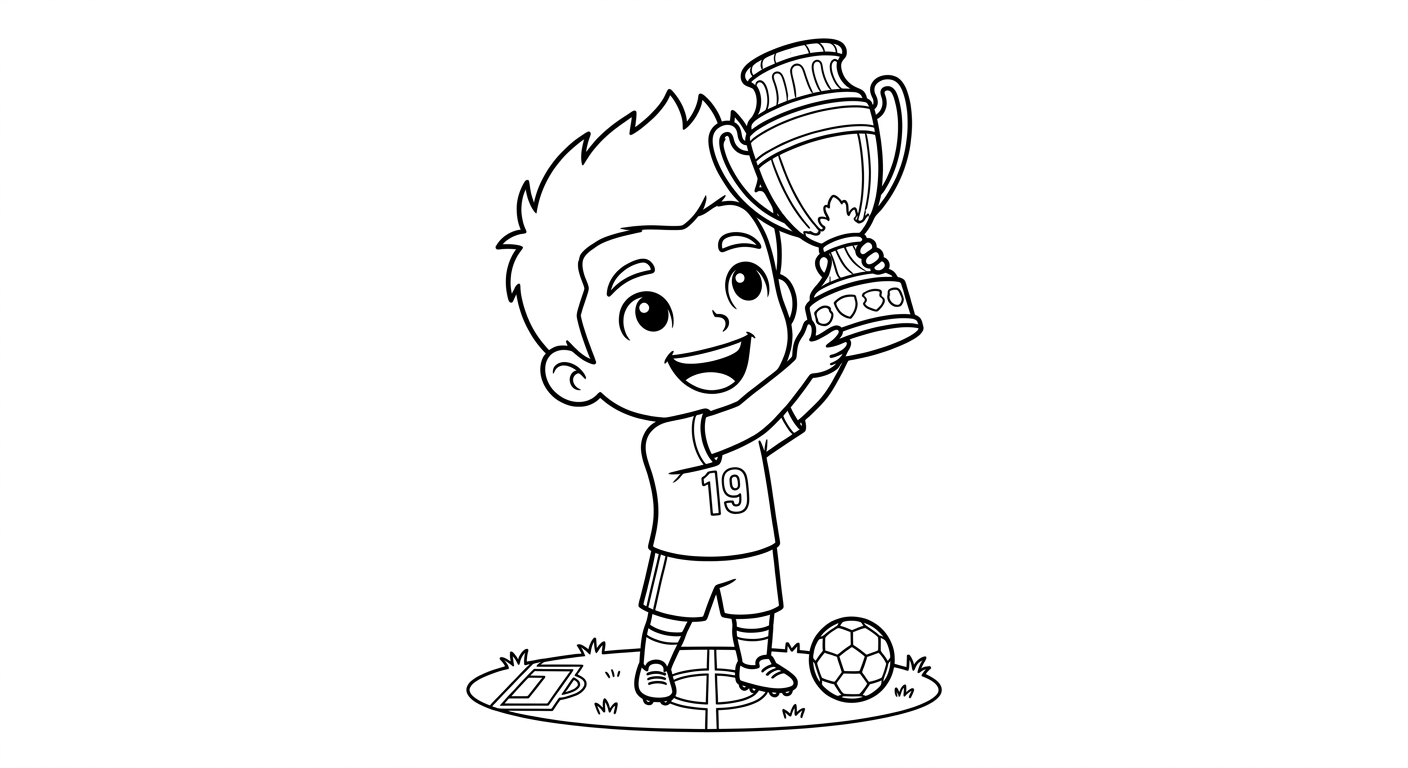 Desenho para colorir do atacante Endrick erguendo troféu em close no gramado do estádio para pintar