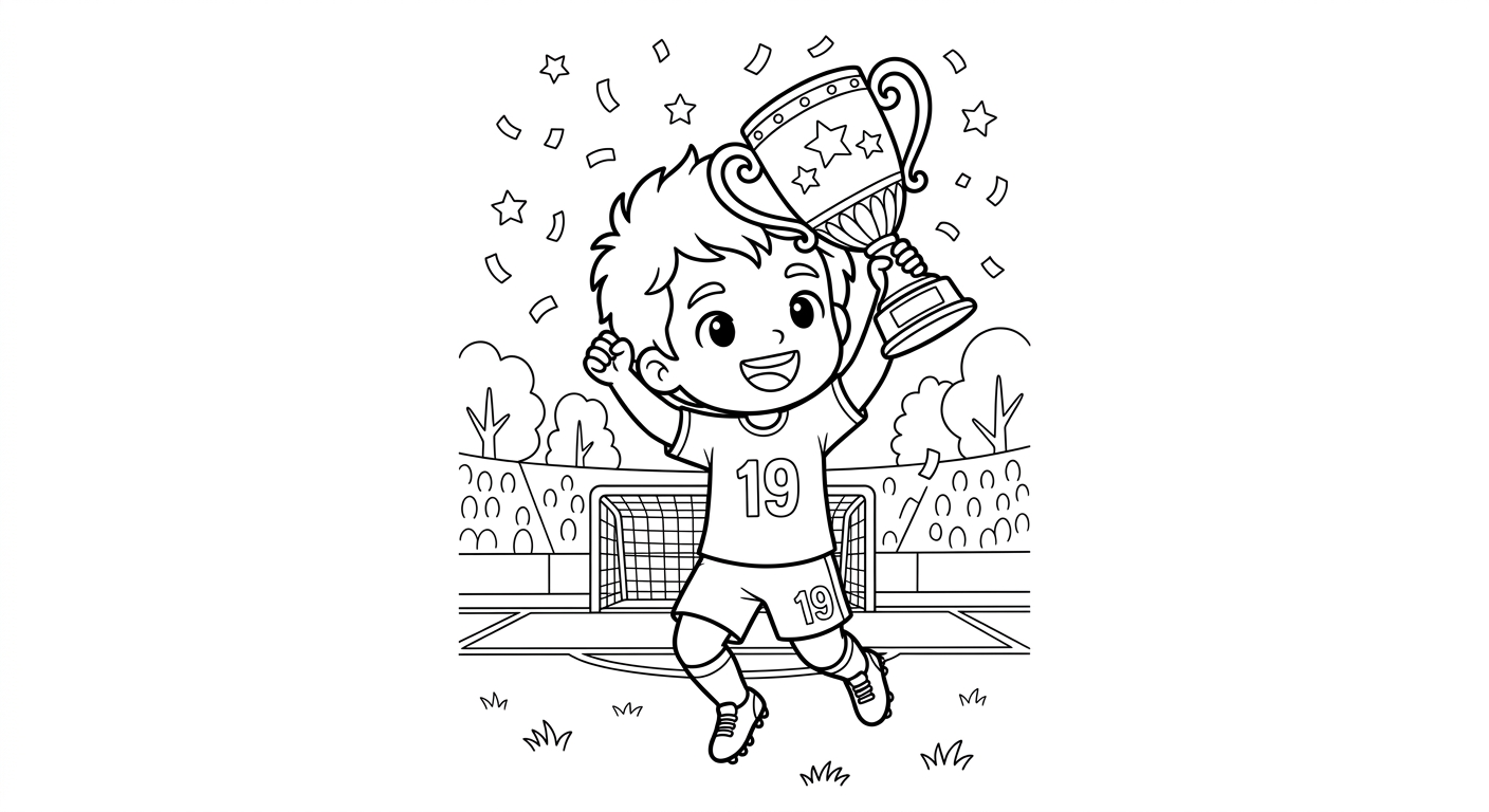 Desenho para colorir do atacante Endrick erguendo troféu em salto sob chuva de confete para pintar