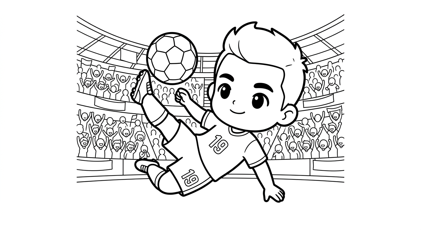 Desenho para colorir do atacante Endrick fazendo bicicleta, congelado no salto em estádio lotado para pintar