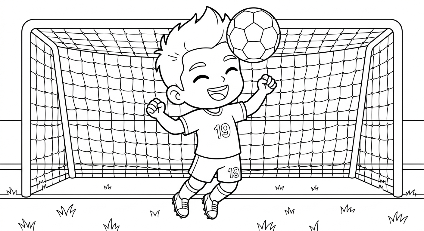Desenho para colorir do atacante Endrick cabeceando a bola no alto em close diante do gol para pintar