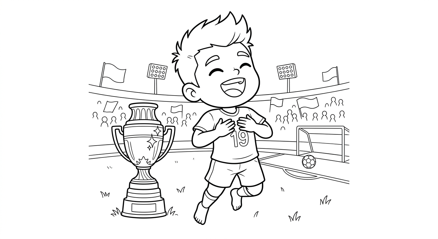 Desenho para colorir do atacante Endrick saltando, mão no peito, cantando o hino com troféu ao lado