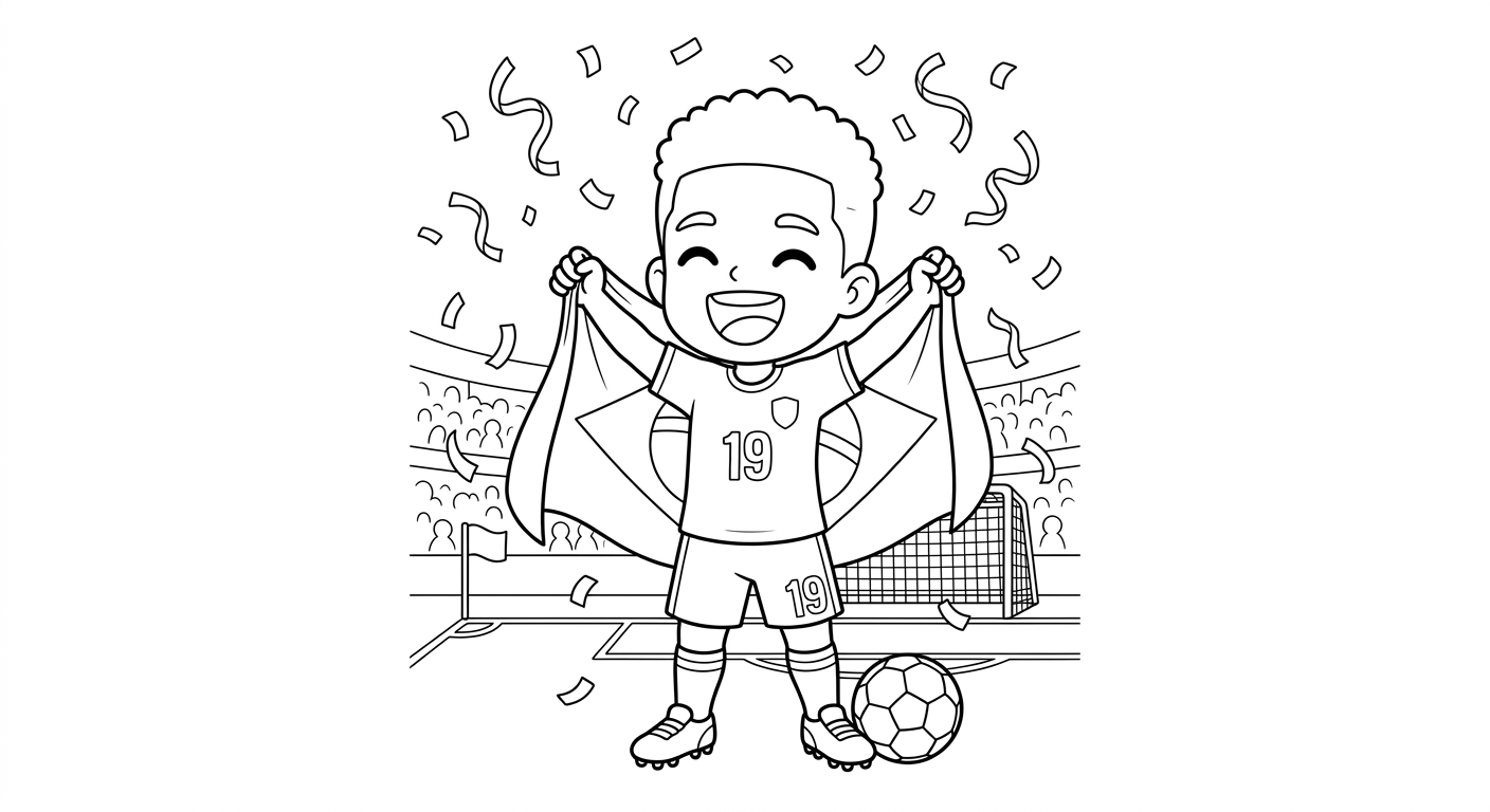 Desenho para colorir do atacante Endrick segurando a bandeira do Brasil sob chuva de confete para pintar