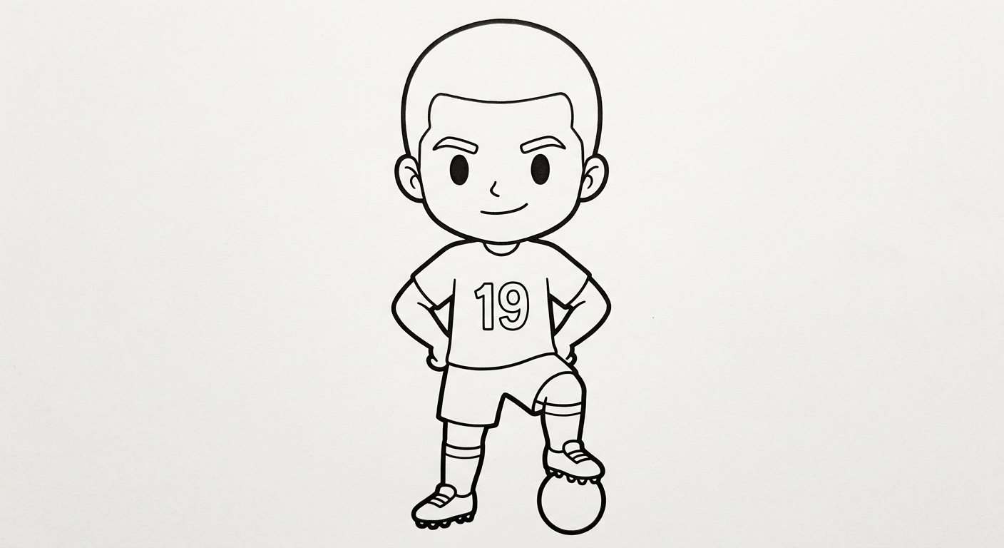 Desenho para colorir do atacante Endrick isolado em pose oficial heroica visto de baixo para pintar