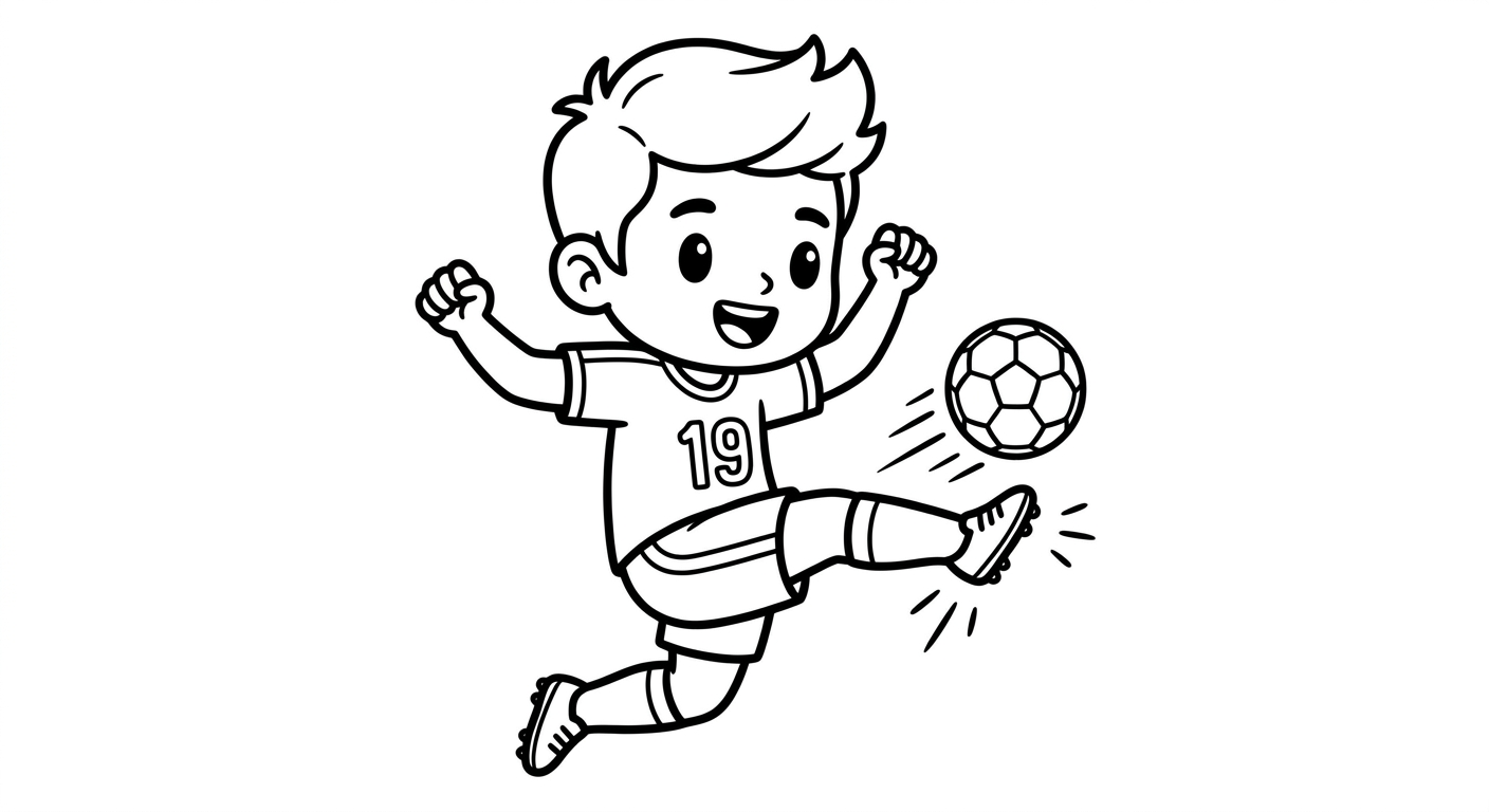Desenho para colorir do atacante Endrick chutando a gol no salto com bola e estrelas decorativas para pintar