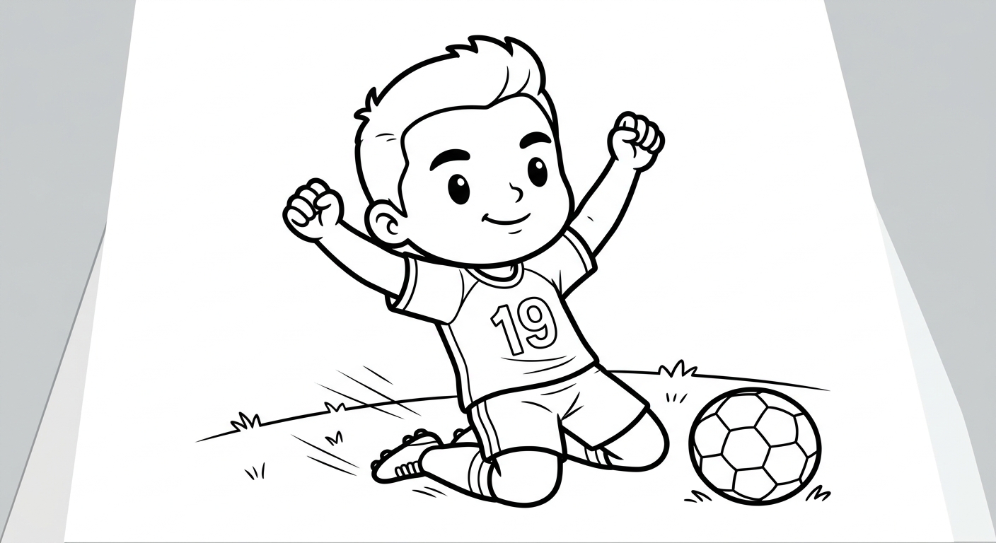 Desenho para colorir do atacante Endrick comemorando gol deslizando de joelhos com bola e estrelas decorativas para imprimir