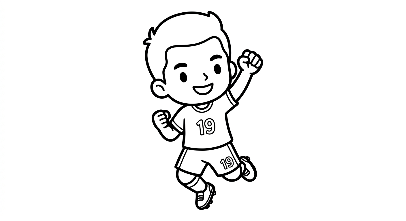 Desenho para colorir do atacante Endrick comemorando com soco no ar durante salto para pintar