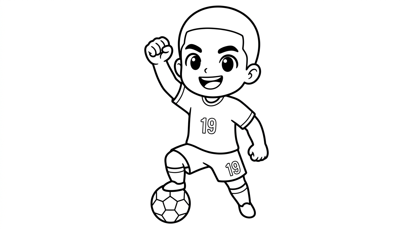 Desenho para colorir do atacante Endrick comemorando com soco no ar visto de baixo para pintar