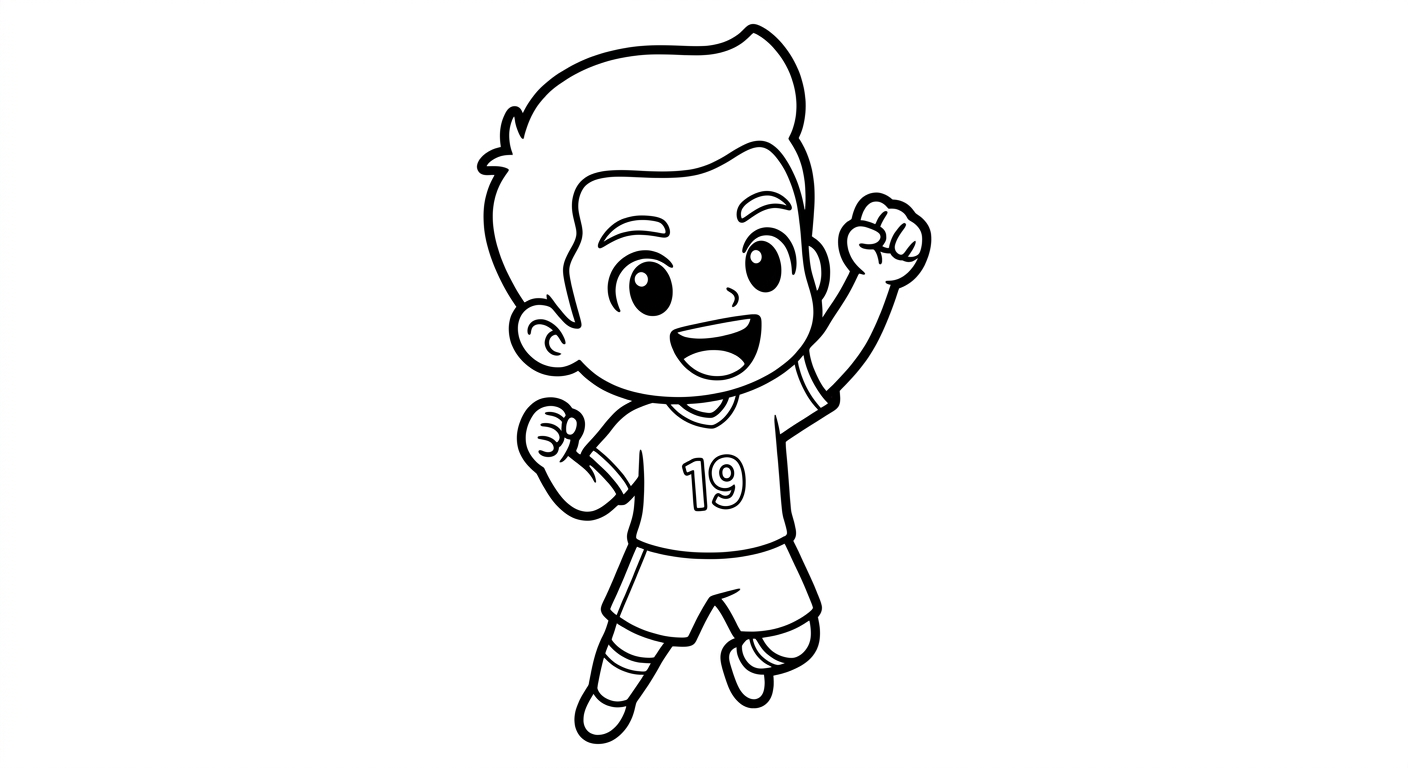 Desenho para colorir do atacante Endrick em close comemorando com soco no ar para pintar