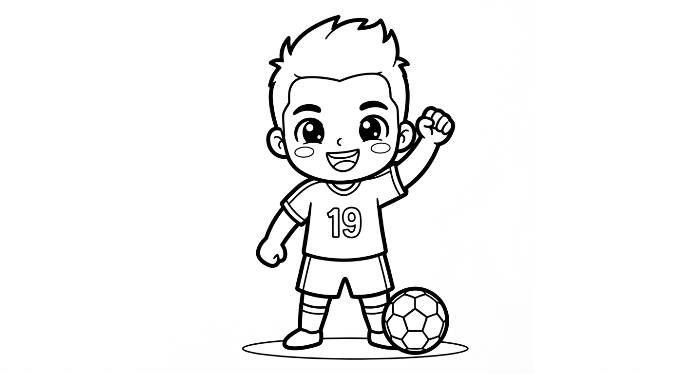 Desenho para colorir do atacante Endrick em close comemorando com soco no ar, bola e estrelas para pintar