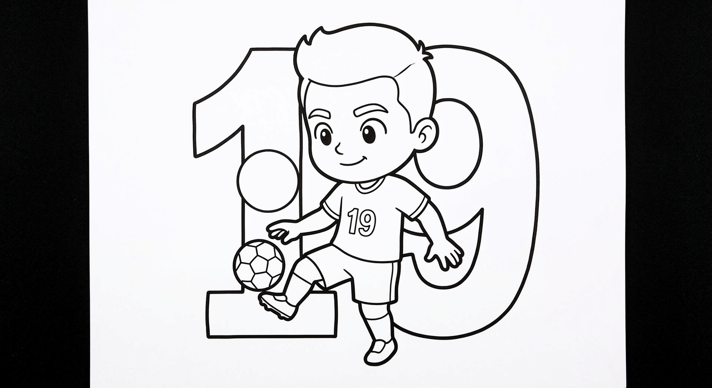 Desenho para colorir do atacante Endrick fazendo embaixadinhas com número grande da camisa ao fundo para pintar