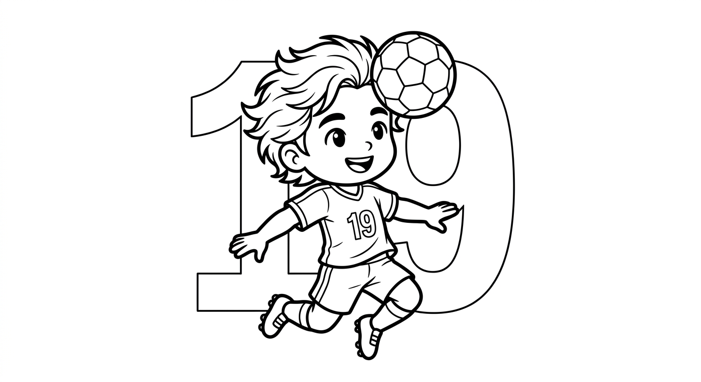 Desenho para colorir do atacante Endrick cabeceando bola no alto com estrelas e número ao fundo