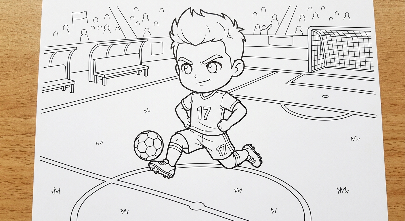 Desenho para colorir do volante Fabinho saltando em pose de apresentação oficial no gramado do estádio para pintar