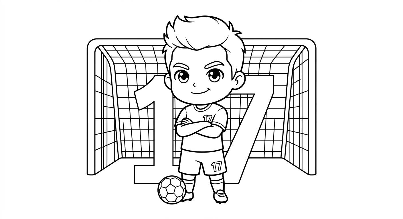 Desenho para colorir do volante Fabinho confiante, braços cruzados diante do gol e número grande atrás para pintar