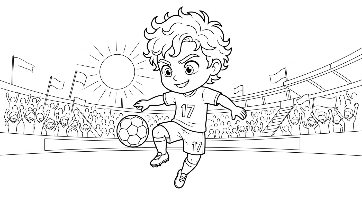 Desenho para colorir do volante Fabinho fazendo embaixadinhas em pose heroica no estádio lotado de torcida para pintar