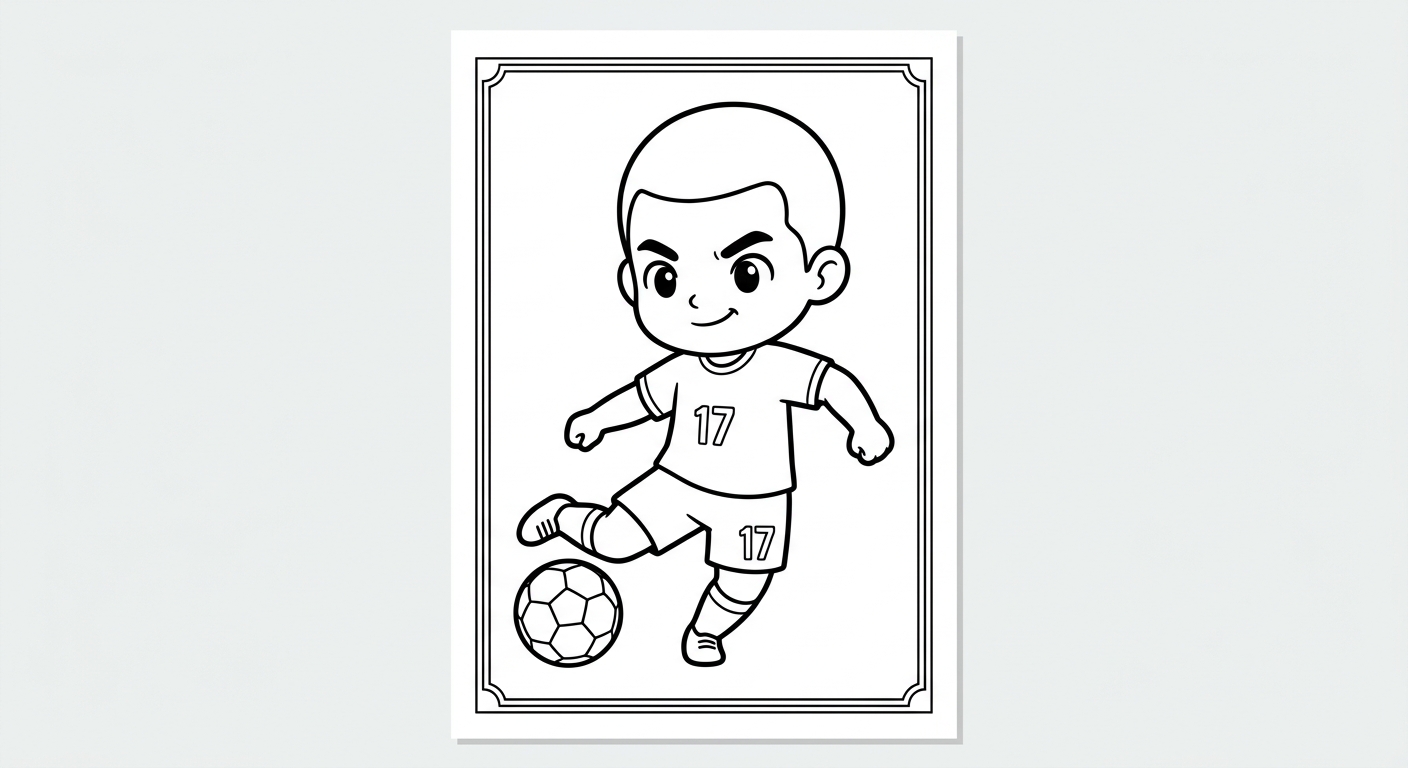 Desenho para colorir do volante Fabinho chutando forte a gol, isolado como card colecionável, para pintar