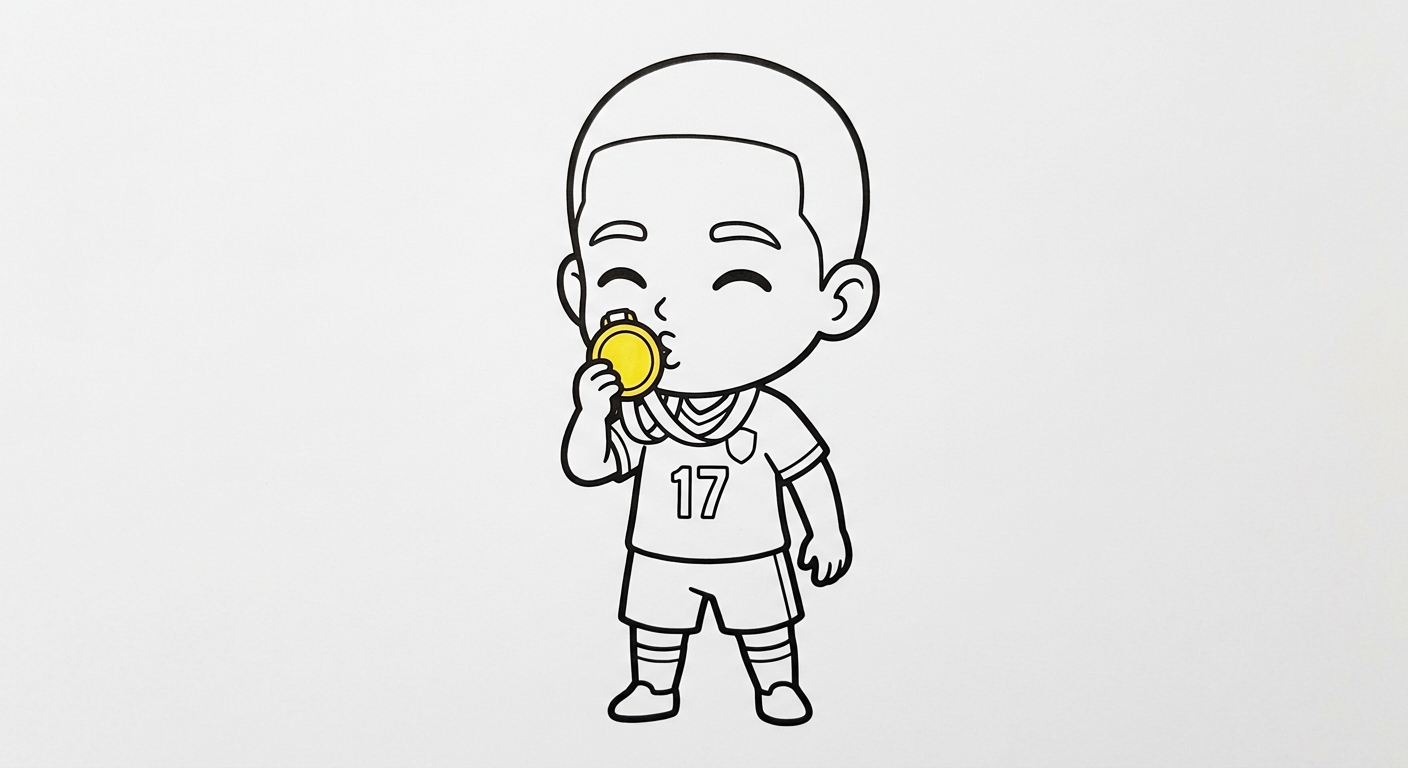 Desenho para colorir do volante Fabinho beijando a medalha de campeão em close de busto para pintar