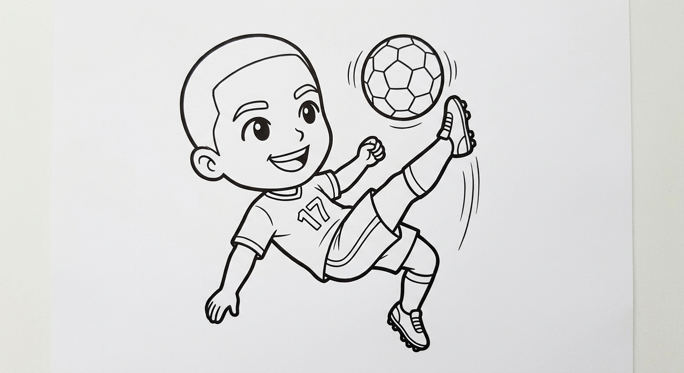 Desenho para colorir do volante Fabinho em bicicleta acrobática com bola e estrelas decorativas para pintar