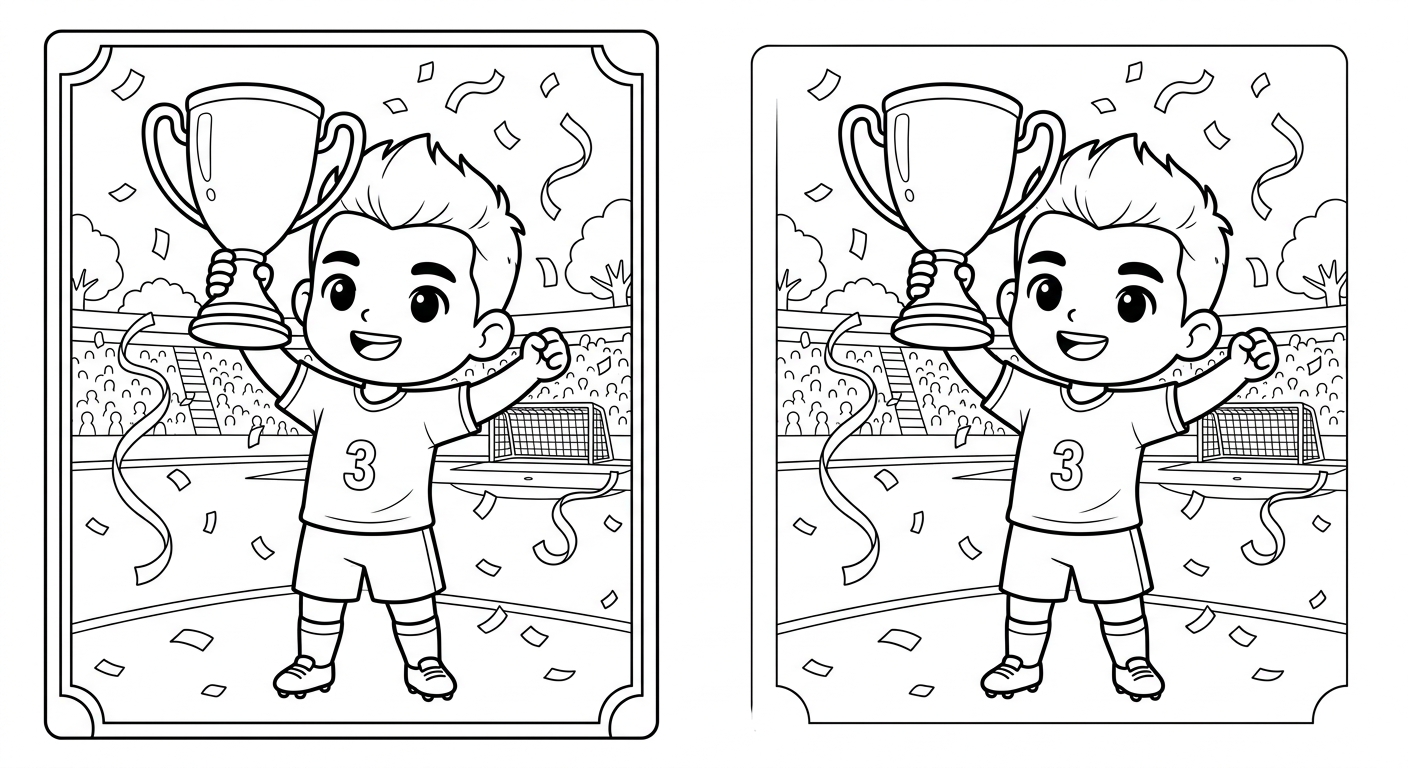 Desenho para colorir do zagueiro Gabriel erguendo o troféu sob chuva de confete em card colecionável para pintar