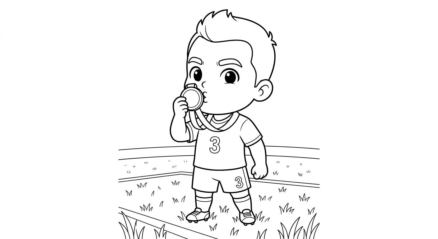 Desenho para colorir do atacante Gabriel beijando medalha de campeão no gramado do estádio para pintar