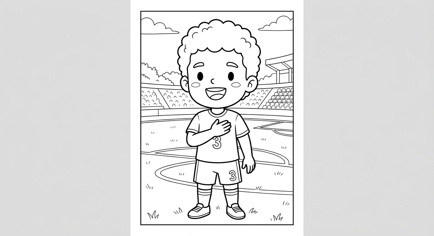 Desenho para colorir do zagueiro Gabriel cantando hino com mão no peito no estádio