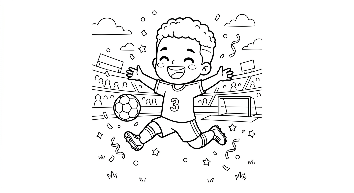 Desenho para colorir do atacante Gabriel correndo de braços abertos no salto com chuva de confete para pintar