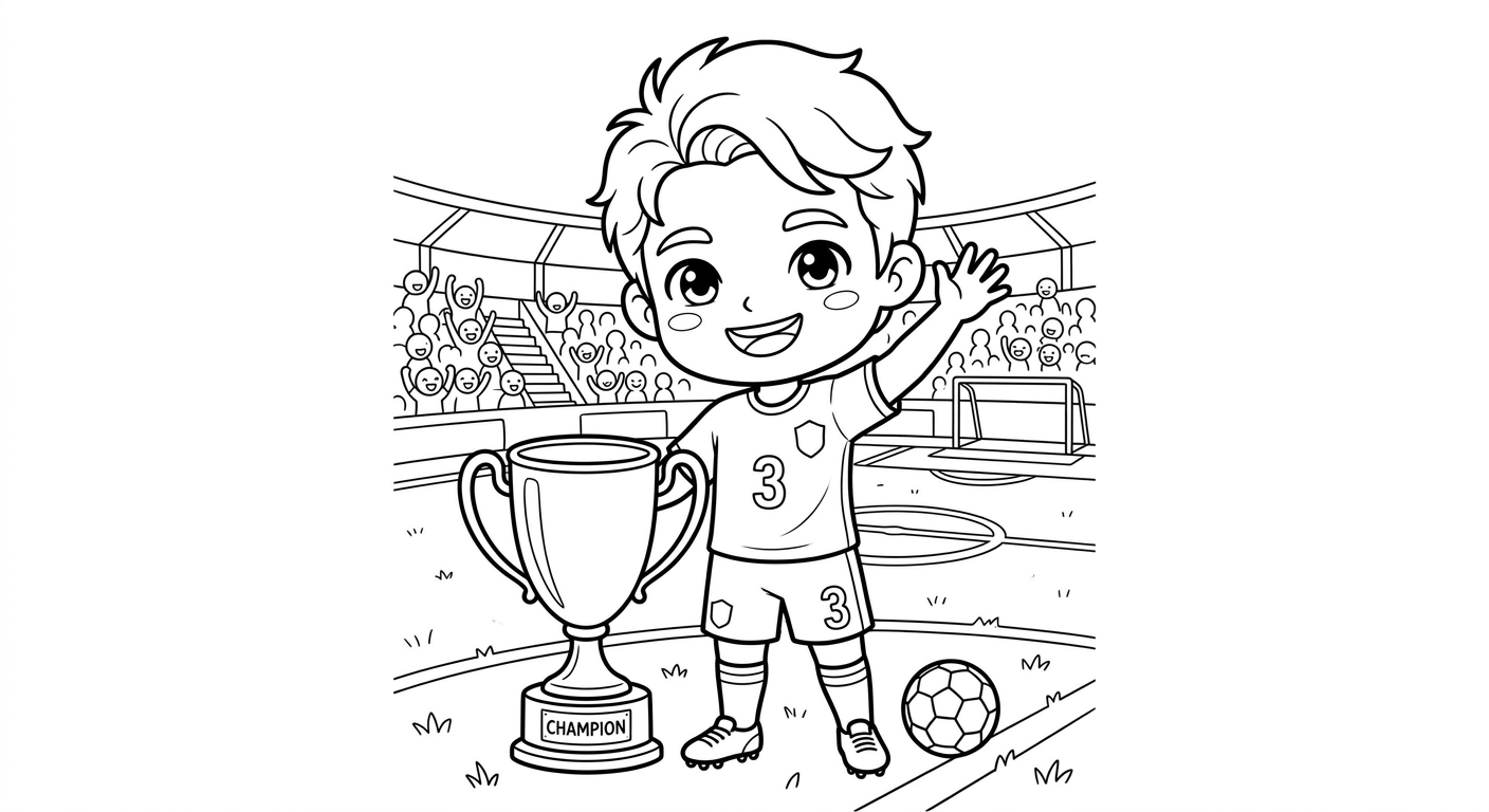 Desenho para colorir do zagueiro Gabriel acenando para a torcida com troféu da Copa ao lado