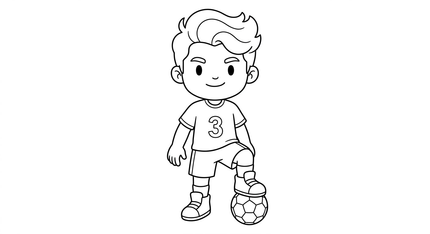 Desenho para colorir do zagueiro Gabriel em pose heroica, bola sob o pé, para pintar