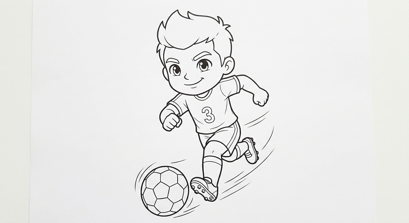 Desenho para colorir do zagueiro Gabriel correndo em disparada com a bola em pose heroica para pintar