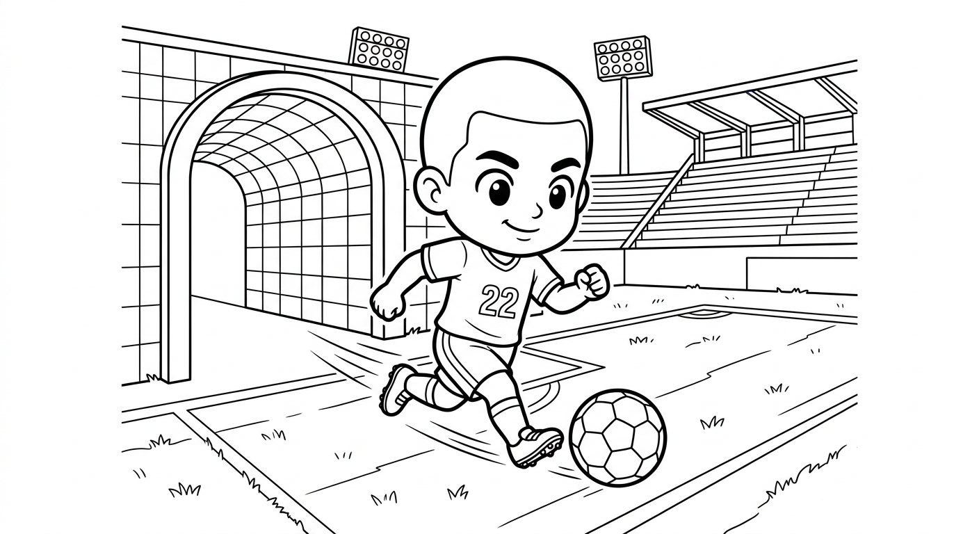 Desenho para colorir do zagueiro Gabriel Magalhães saltando com a bola no túnel do estádio para pintar