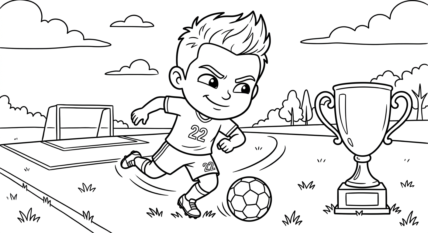 Desenho para colorir do atacante Gabriel Martinelli driblando em finta no salto, troféu da Copa ao lado