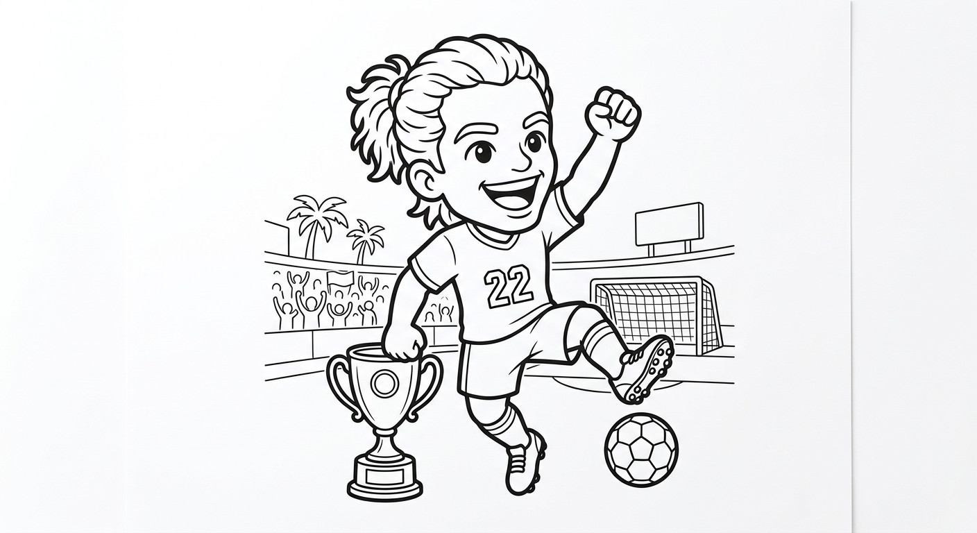 Desenho para colorir do atacante Gabriel saltando com soco no ar ao lado do troféu da copa