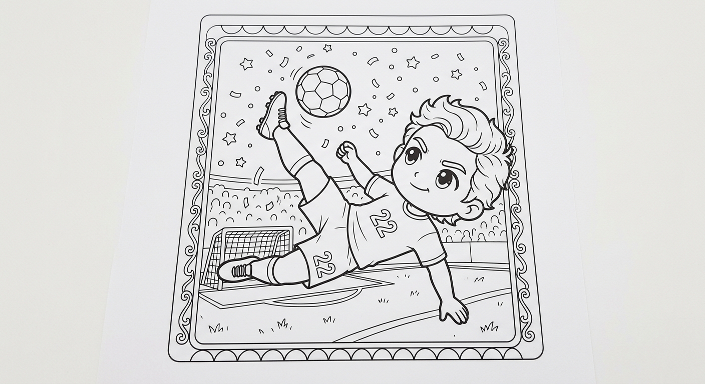 Desenho para colorir do atacante Gabriel em bicicleta acrobática sob confete, estilo card colecionável para imprimir