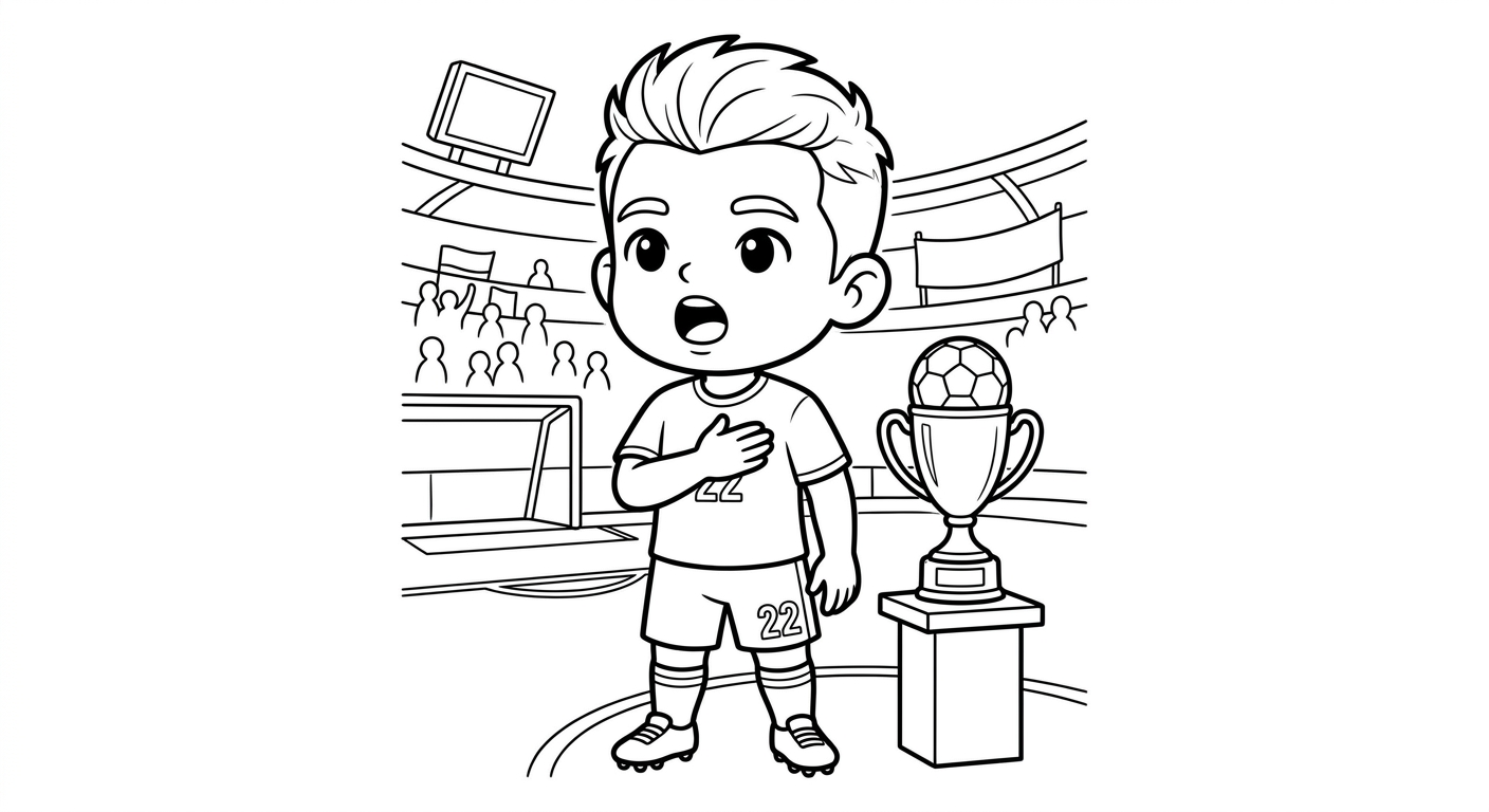 Desenho para colorir do zagueiro Gabriel cantando hino de mão no peito com troféu ao lado para pintar