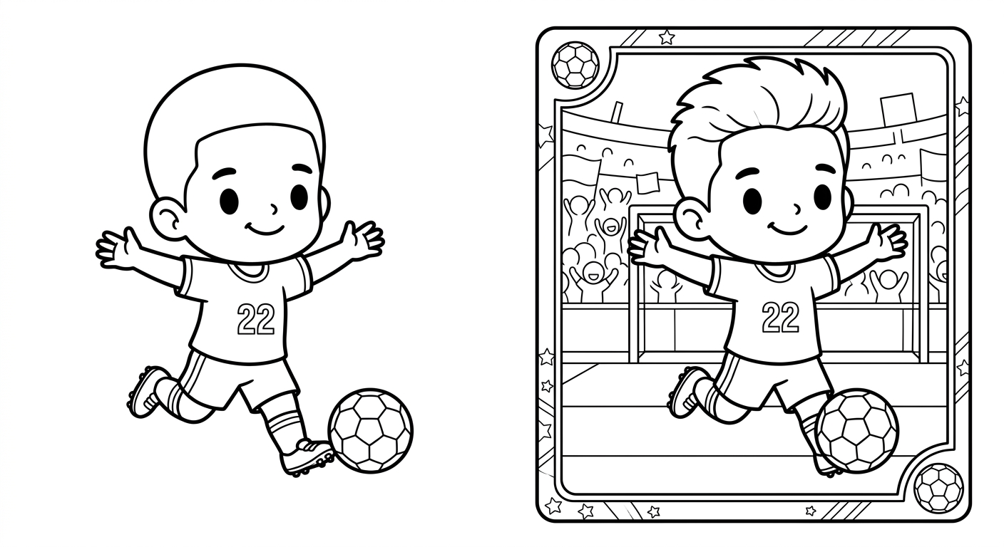 Desenho para colorir do atacante Gabriel correndo de braços abertos após pênalti, torcida ao fundo para imprimir