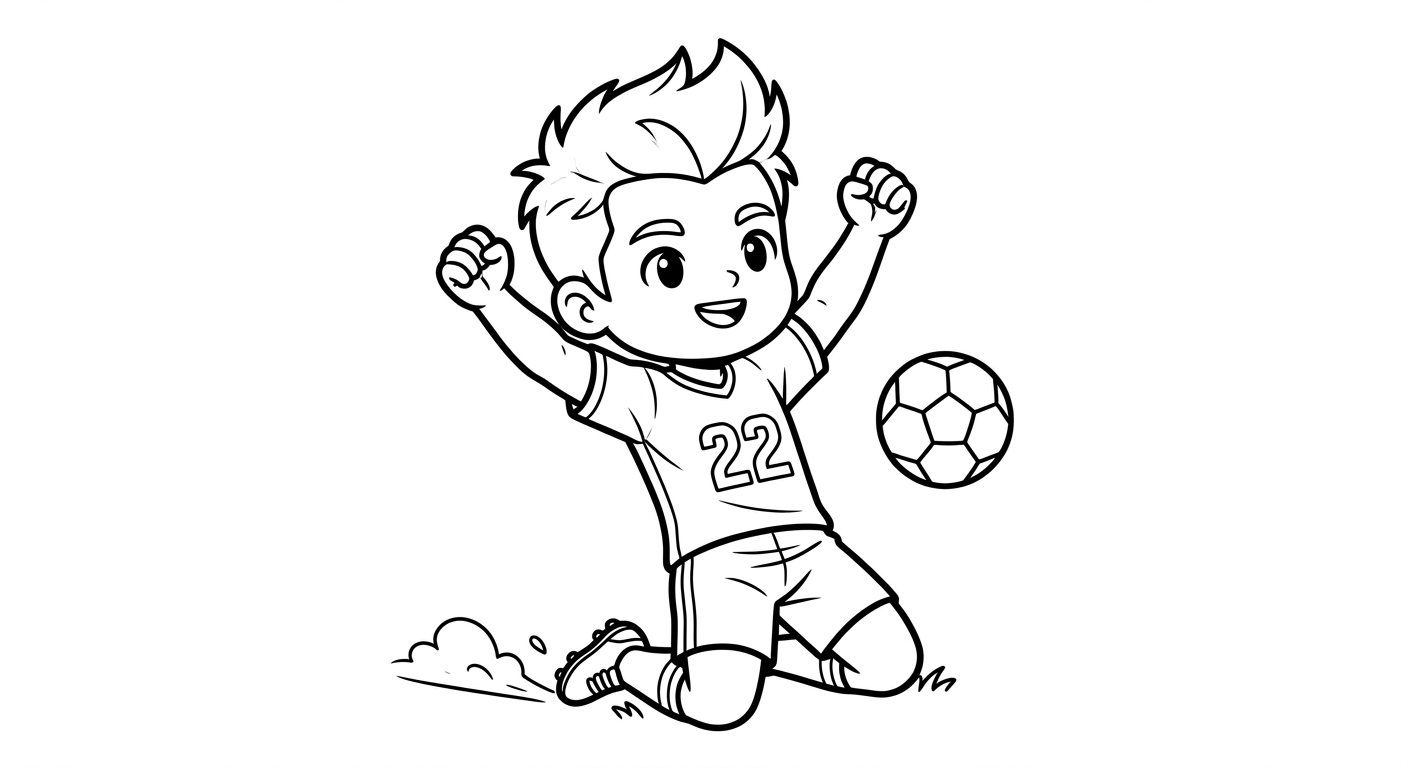 Desenho para colorir do atacante Gabriel deslizando de joelhos visto de baixo com bola e estrelas para pintar