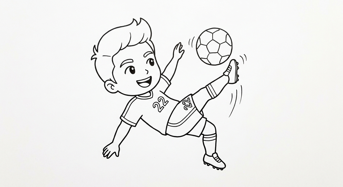 Desenho para colorir do atacante Gabriel fazendo bicicleta acrobática com bola e estrelas decorativas para imprimir