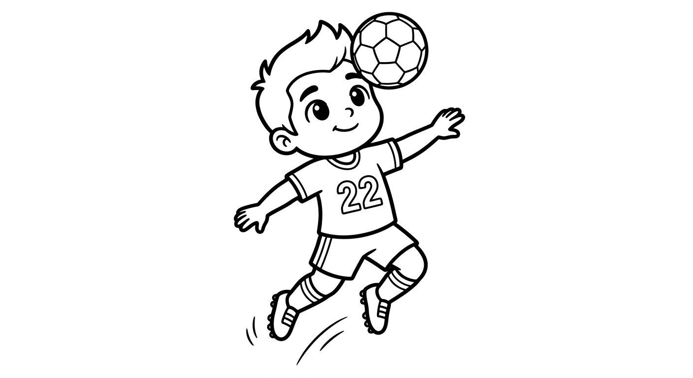Desenho para colorir do atacante Gabriel Martinelli cabeceando bola no alto com estrelas decorativas para imprimir