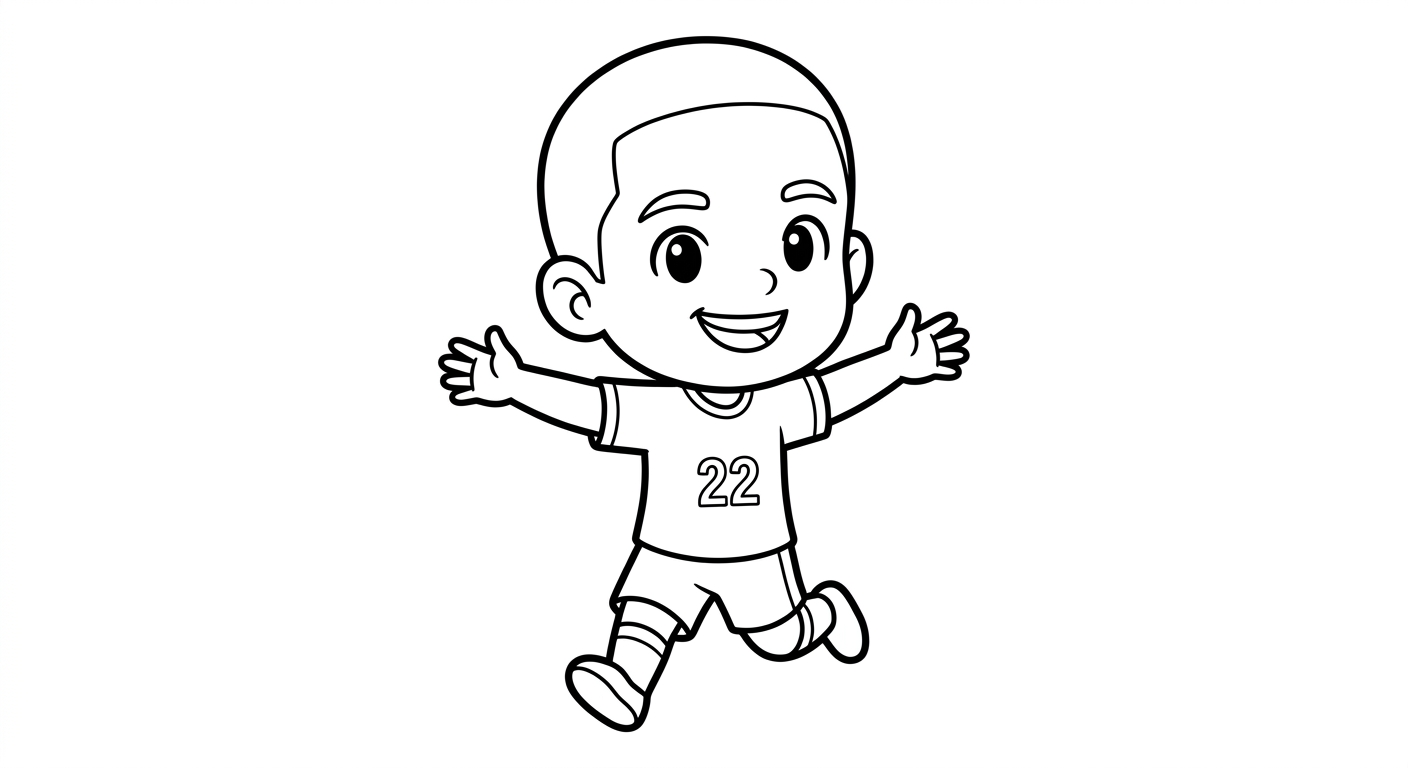 Desenho para colorir do atacante Gabriel correndo de braços abertos com bola e estrelas decorativas para imprimir