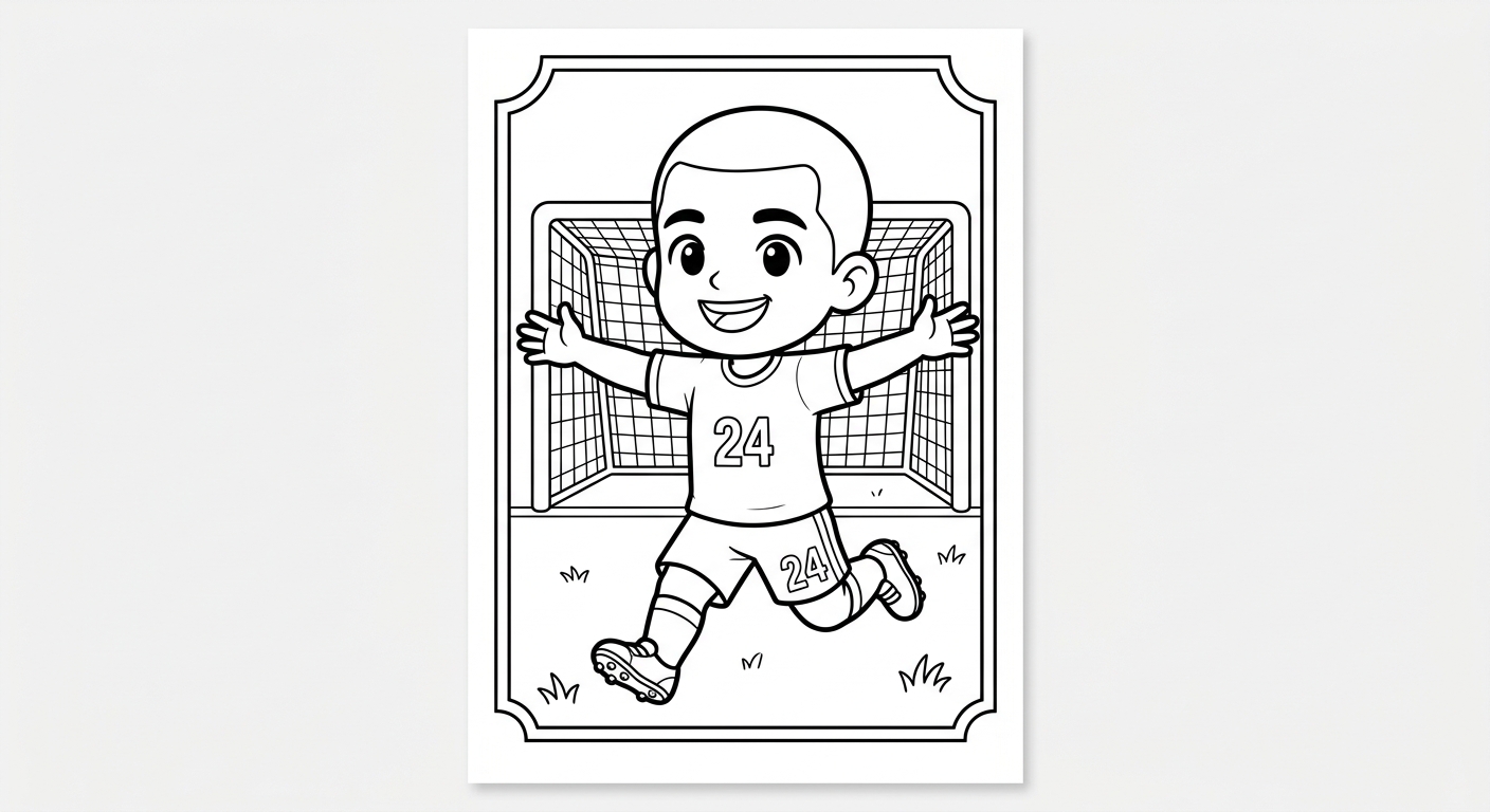 Desenho para colorir do zagueiro Ibanez correndo de braços abertos diante do gol em card colecionável para imprimir