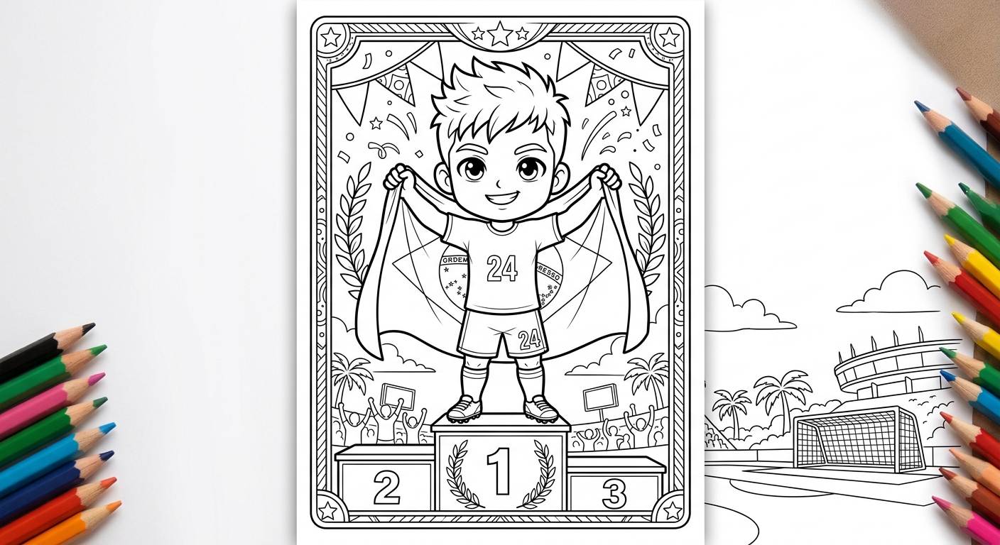 Desenho para colorir do zagueiro Ibanez segurando a bandeira do Brasil no pódio de premiação para pintar
