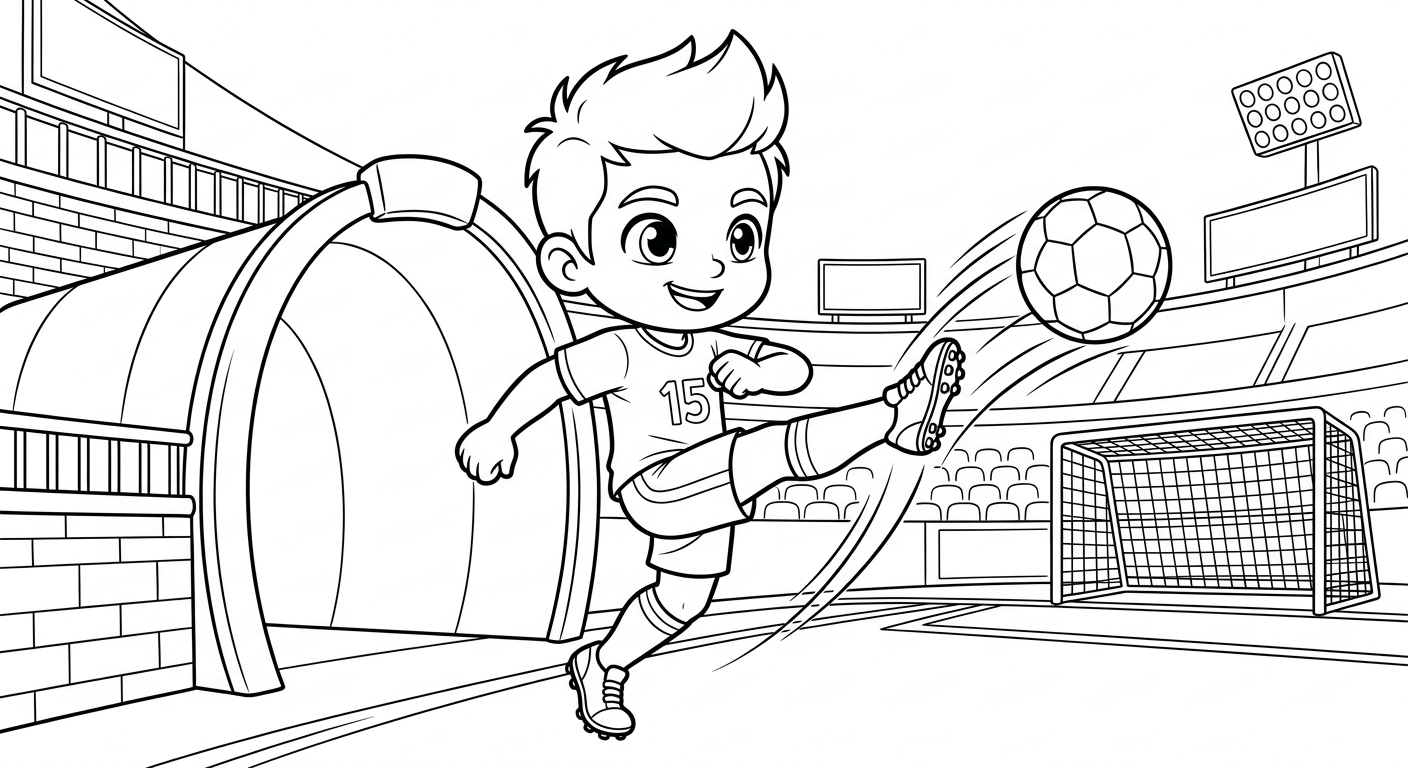 Desenho para colorir do zagueiro Leo Pereira chutando em salto no túnel de entrada do estádio